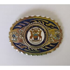 Vintage The Great Seal Of The State Of Michigan Belt Buckle Navy Blue & Silver